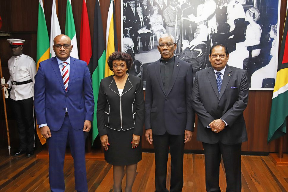 After the swearing in: President David Granger (second from right) with (from right) Prime Minister Moses Nagamootoo, GECOM Chairman, Claudette Singh and Opposition Leader, Bharrat Jagdeo. (Terrence Thompson photo)