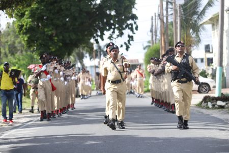  The Guyana Police Force held a route march yesterday as part of its 180th anniversary celebrations. In this Terrence Thompson photo, members of the Force march along Waterloo Street. The march took them from the Tactical Services Unit Drill Square, at Eve Leary, to D’Urban Park.
