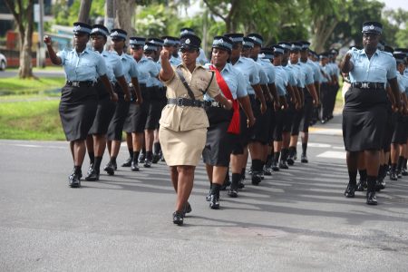 An all-female squad moving along Water-loo Street as part of a march that was organised yesterday as part of the Guyana Police Force’s 180th anniversary celebrations. (Photo by Terrence Thompson)