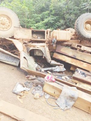 The truck that Anil Persaud was driving that capsized on Wednesday afternoon. 