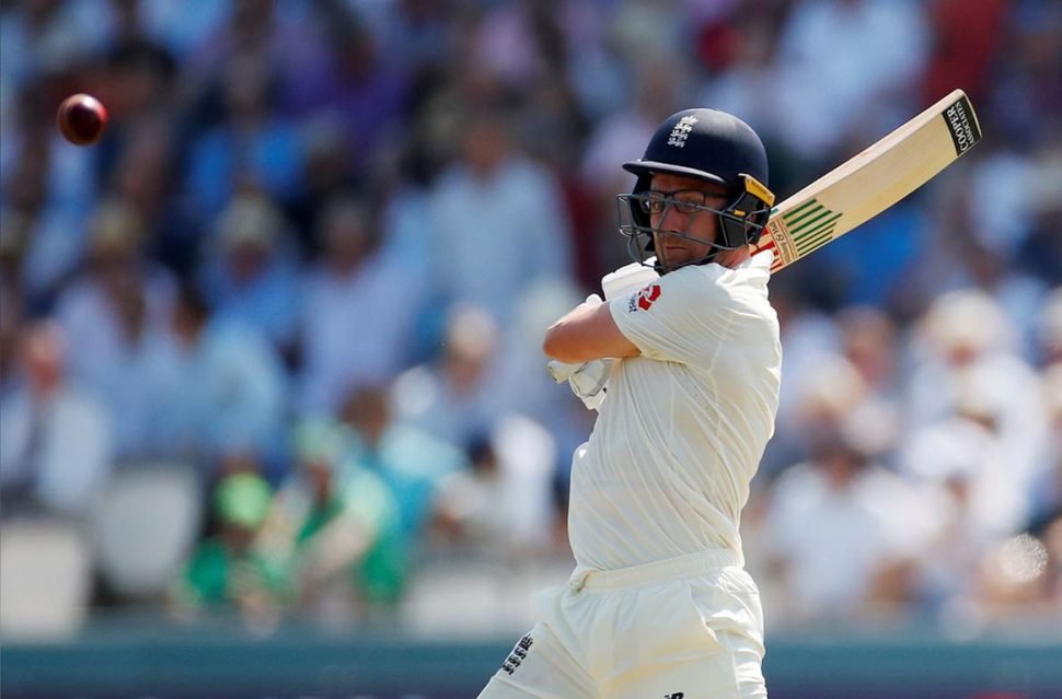 England’s Jack Leach hits a four. (Action Images via Reuters/Andrew Boyers)