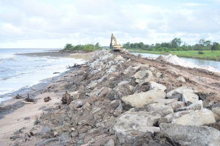 Works are still ongoing at Mahaicony, East Coast Demerara to seal sea defence breaches, which have led to flooding of communities there. (Ministry of Public Infrastructure photo)