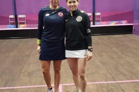 Guyana’s Mary Fung-A-Fat (right) after her match in Lima, Peru yesterday.
