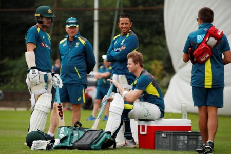 Australia’s Travis Head, former Australia captain Steve Waugh, Usman Khawaja and Steve Smith during nets yesterday prior to the opening Ashes contest at Edgbaston tomorrow which will kick off the widely-anticipated World Test Championship. (Action Images via Reuters/Andrew Boyers)
