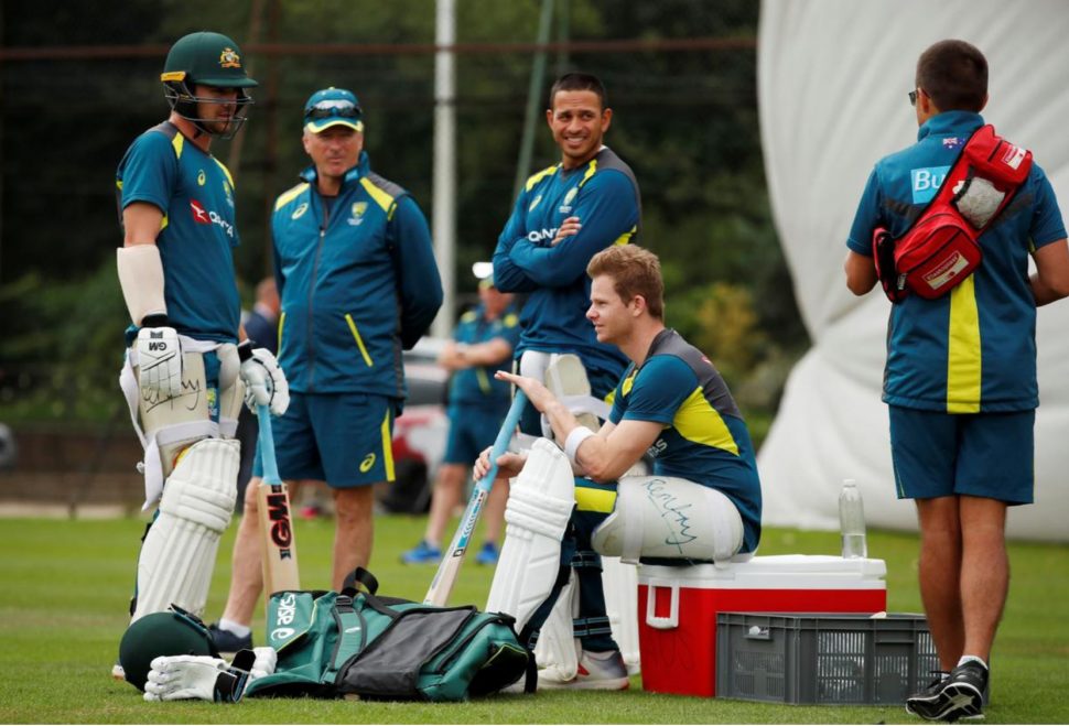 Australia’s Travis Head, former Australia captain Steve Waugh, Usman Khawaja and Steve Smith during nets yesterday prior to the opening Ashes contest at Edgbaston tomorrow which will kick off the widely-anticipated World Test Championship. (Action Images via Reuters/Andrew Boyers) 
