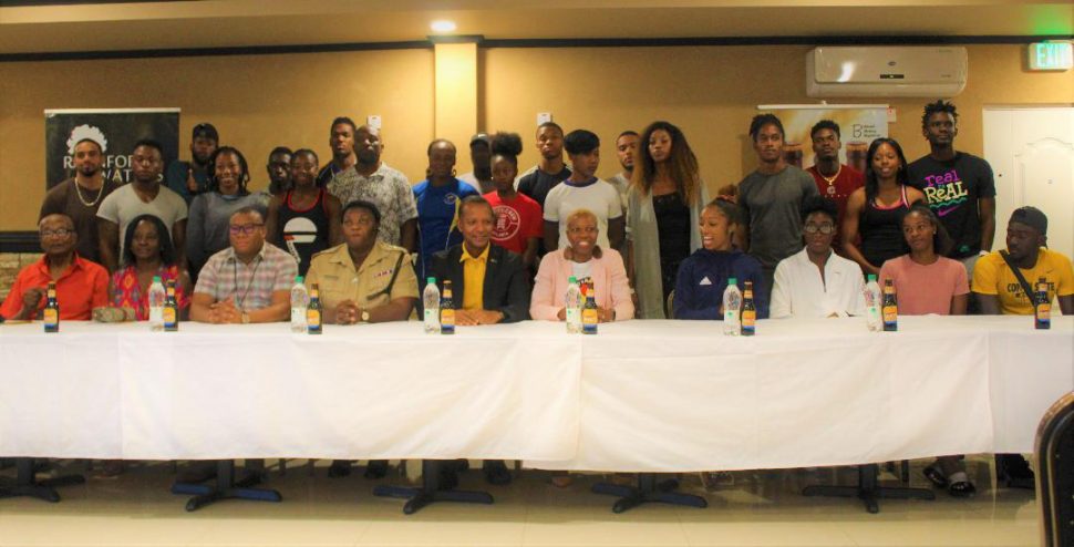 Athletes, sponsors and organizers of the fourth Aliann Pompey Invitational (API) pose for a photo yesterday following the final press briefing at Sleep Inn Hotel.
