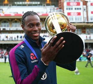 Jofra Archer poses with the World Cup trophy following England’s win over New Zealand in last Sunday’s final.
