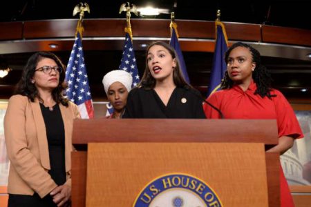 From left: US Reps Rashida Tlaib (D-MI), Ilhan Omar (D-MN), Alexandria Ocasio-Cortez (D-NY) and Ayanna Pressley (D-MA) hold a news conference after Democrats in the US Congress moved to formally condemn President Donald Trump’s attacks on the four minority congresswomen. Photograph:(Reuters)
