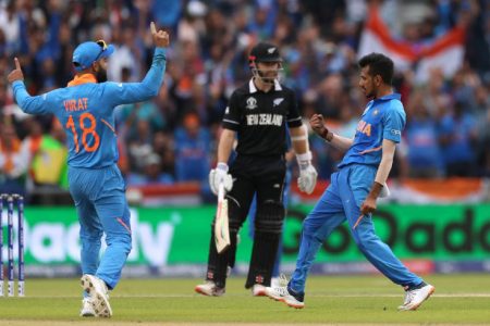 India’s Yuzvendra Chahal celebrates the wicket of New Zealand’s Kane Williamson. (Reuters photo)