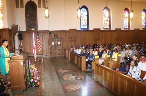 Jamaica's Ambassador to the United States, Audrey Marks, addresses the large congregation at the 2018 Independence Service of Thanksgiving, at the Howard University School of Divinity's Dumbarton Chapel in Washington, DC.