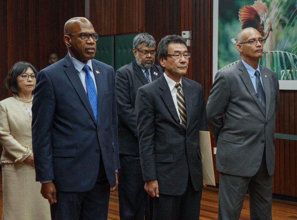 New Japanese Ambassador Tatsuo Hirayama (centre in front row) prior to presenting his letters of credence to President David Granger. (Ministry of the Presidency photo)