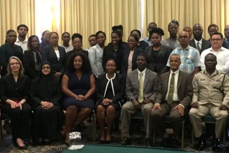 Participants of yesterday’s opening ceremony of the Drug Treatment Court Training, which was held at the Pegasus Hotel. Among them are Chief Justice Roxane George (seated fifth, from right), Director of Public Prosecutions (DPP) Shalimar Ali-Hack (seated fourth from left), Commissioner of Police Leslie James (seated second from right) and Director of the National Anti-Narcotics Agency (NANA) Major General (Ret’d) Michael Atherly (seated third from right).