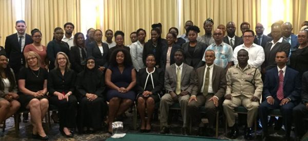 Participants of yesterday’s opening ceremony of the Drug Treatment Court Training, which was held at the Pegasus Hotel. Among them are Chief Justice Roxane George (seated fifth, from right), Director of Public Prosecutions (DPP) Shalimar Ali-Hack (seated fourth from left), Commissioner of Police Leslie James (seated second from right) and Director of the National Anti-Narcotics Agency (NANA) Major General (Ret’d) Michael Atherly (seated third from right).