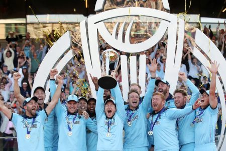 England’s Eoin Morgan and teammates celebrate winning the World Cup. Photograph: Peter Cziborra/Action Images via Reuters