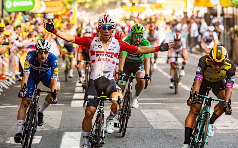 Australia’s Caleb Ewan wins the 11th stage of the Tour de France yesterday.