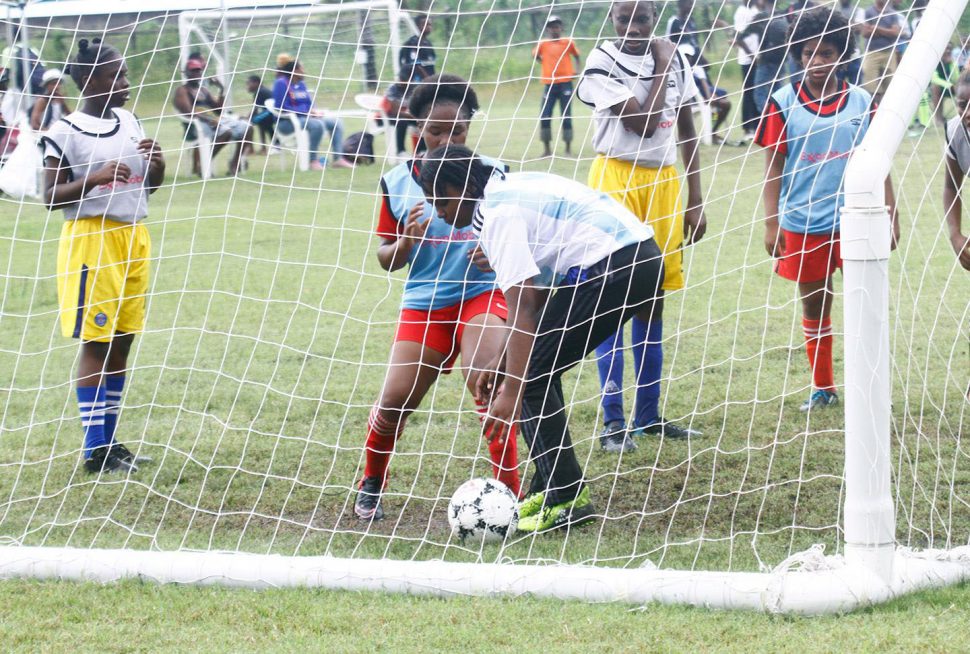 East Ruimveldt scores against Lodge Secondary in their semi-final clash at the Ministry of Education ground  in the ExxonMobil Secondary Schools U14 championships yesterday.

