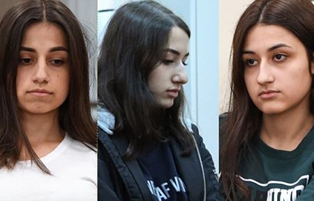 Angelina, Maria and Krestina Khachaturyan (L-R), the three sisters who are in trial for murdering their father. (Photos: AFP)  