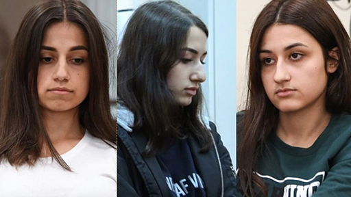Angelina, Maria and Krestina Khachaturyan (L-R), the three sisters who are in trial for murdering their father. (Photos: AFP)  