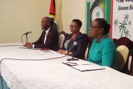 From right are Nicolette Henry, PNCR Chairman Volda Lawrence and Ryan Belgrave at the press conference. (PNCR photo)