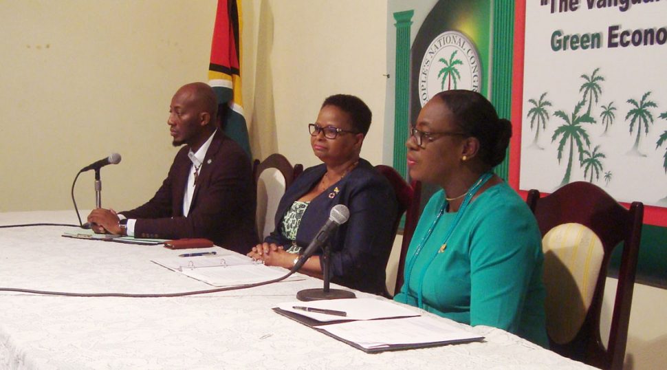 From right are Nicolette Henry, PNCR Chairman Volda Lawrence and Ryan Belgrave at the press conference. (PNCR photo)