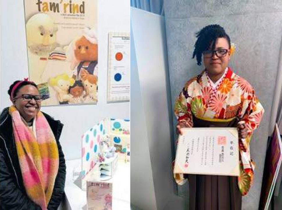 Left: Michelle Keane poses on her graduation day from Kyoto University of Art and Design wearing a Japanese kimono.  Right: Jamaican animator Micehlle Keane, standing beside the set of her stop film animation Tam’Rind. 