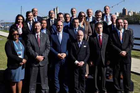 Foreign Affairs Minister, Dr Karen Cummings (front row left) with counterparts of MERCOSUR and Associate Member States in Santa Fé. (Ministry of Foreign Affairs photo)