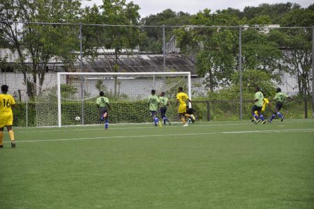 Timehri Panthers scoring one of their seven goals against Mocha Champs in the opening match of the EBFA leg of the NAMILCO U17 Football Championship at the National Training Centre.