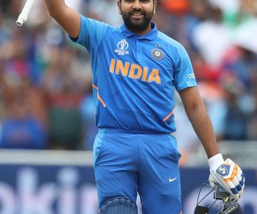 India’s Rohit Sharma celebrates equalling Kumar Sangakkara’s four centuries in a World Cup tournament.
