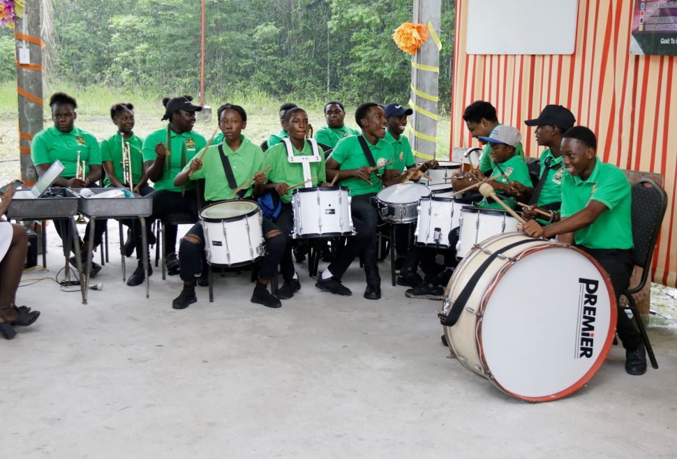 This steel band played at the official launch of the  Schools Health Clubs at a ceremony held on Wednesday morning, at Camp Wesleyan, Soesdyke-Linden Highway.  (Ministry of the Presidency photo)
