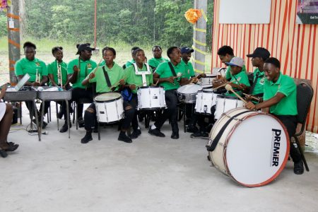 This steel band played at the official launch of the  Schools Health Clubs at a ceremony held yesterday morning, at Camp Wesleyan, Soesdyke-Linden Highway.  (Ministry of the Presidency photo)