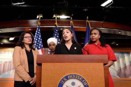 U.S. Reps Ayanna Pressley (D-MA) (right), Ilhan Omar (D-MN) (second from left), Rashida Tlaib (D-MI) (left) and Alexandria Ocasio-Cortez (D-NY) hold a news conference after Democrats in the U.S. Congress moved to formally condemn President Donald Trump’s attacks on the four minority congresswomen on Capitol Hill in Washington, U.S., July 15, 2019. REUTERS/Erin Scott