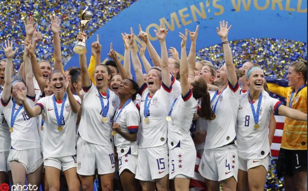 The USA women’s soccer team celebrating their fourth World Cup triumph after a 2-0 defeat of the Netherlands.