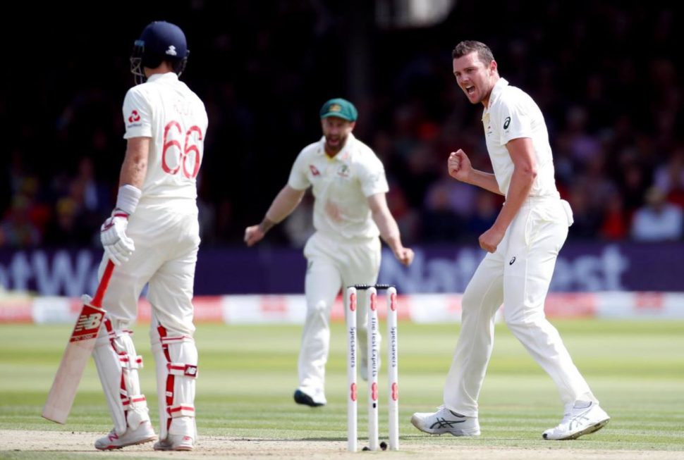 Australia’s Josh Hazlewood celebrates taking the wicket of England’s Joe Root. (Action Images via Reuters/Paul Childs)
