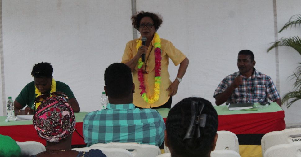 Minister within the Ministry of Indigenous Peoples’ Affairs Valerie Garrido-Lowe addressing Corriverton residents at a public meeting 