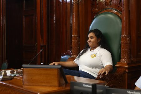 Staking a claim: Britney Valladars, of Brickdam Secondary School, staking her claim to be Speaker of the National Assembly for the 5th Annual Youth Parliament. An orientation began yesterday for the participants, who are drawn from secondary schools and the University of Guyana, ahead of next week’s planned sittings. Valladars, who is excited for the Youth Parliament to officially begin, said she wants to be the President of Guyana one day. (Terrence Thompson photo)