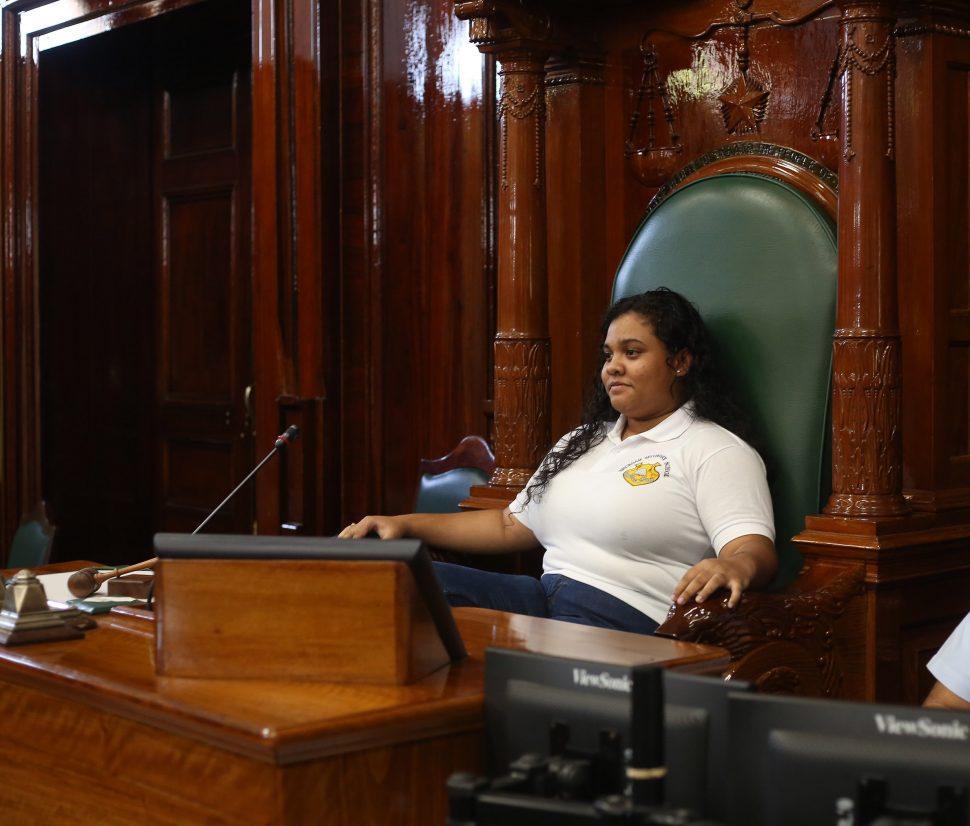 Staking a claim: Britney Valladars, of Brickdam Secondary School, staking her claim to be Speaker of the National Assembly for the 5th Annual Youth Parliament. An orientation began yesterday for the participants, who are drawn from secondary schools and the University of Guyana, ahead of next week’s planned sittings. Valladars, who is excited for the Youth Parliament to officially begin, said she wants to be the President of Guyana one day. (Terrence Thompson photo)