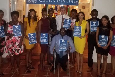 Some of the scholarship awardees at the farewell reception with British High Commissioner Gregory Quinn and Principal of the Cyril Potter College of Education Viola Rowe (fifth, from left).
