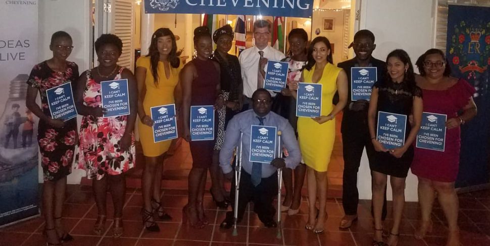 Some of the scholarship awardees at the farewell reception with British High Commissioner Gregory Quinn and Principal of the Cyril Potter College of Education Viola Rowe (fifth, from left).
