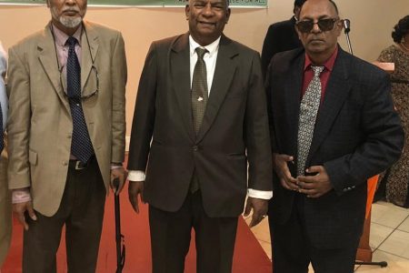 From left, Founder of the Guyana United Democratic Party Roopnarine Persaud, Presidential Candidate Ramroop Jiwanram and Deputy Co-Chairman Seopaul Singh at yesterday’s launching.