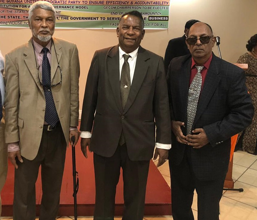 From left, Founder of the Guyana United Democratic Party Roopnarine Persaud, Presidential Candidate Ramroop Jiwanram and Deputy Co-Chairman Seopaul Singh at yesterday’s launching.