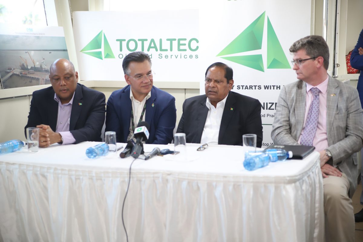 From left are Natural Resources Minister Raphael Trotman, CEO of TOTALTEC Lars Mangal, Prime Minister Moses Nagamootoo and UK High Commissioner to Guyana, Greg Quinn at the press conference before the ceremony yesterday 