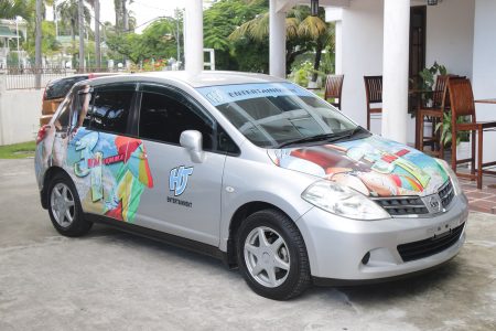The Nissan Tiida motorcar up for grabs in the ‘3 in 1 Summa’
promotion. (Terrence Thompson photo)
