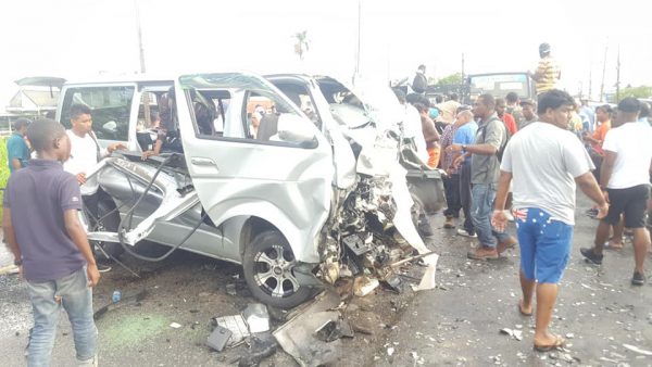 Driver Oswald Roberts’ wrecked bus after the accident that claimed his life yesterday.