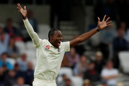 England’s Jofra Archer celebrates taking the wicket of Australia’s Nathan Lyon yesterday. (Action Images via Reuters/Andrew Boyers)
