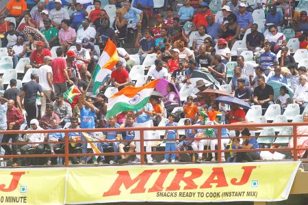 Excitement! The fans jumped for joy as international cricket returned to Guyana yesterday at the Providence Stadium. (See sports pages)