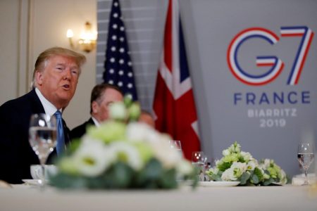 U.S. President Donald Trump speaks during a bilateral meeting with Britain's Prime Minister Boris Johnson during the G7 summit in Biarritz, France, August 25, 2019. REUTERS/Carlos Barria