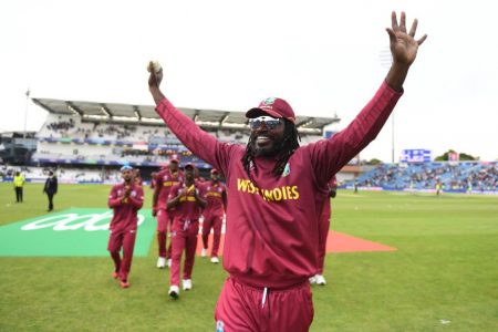 Chris Gayle celebrates becoming West Indies’ highest run-scorer in ODIs.
