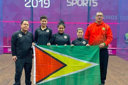 Guyana’s squash contingent from left: Coach Raymond Chan A Sue, Taylor Fernandes, Ashley Khalil, Mary Fung – A – Fat and President of the Squash Association David Fernandes.