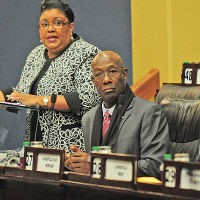FLASHBACK: Port of Spain South MP Marlene McDonald makes her contribution at a sitting of the Lower House. At right is Prime Minister Dr Keith Rowley.