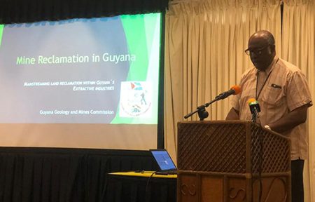 Commissioner of the Guyana Geology and Mines Commission Newell Dennison addressing the July 30th event.
